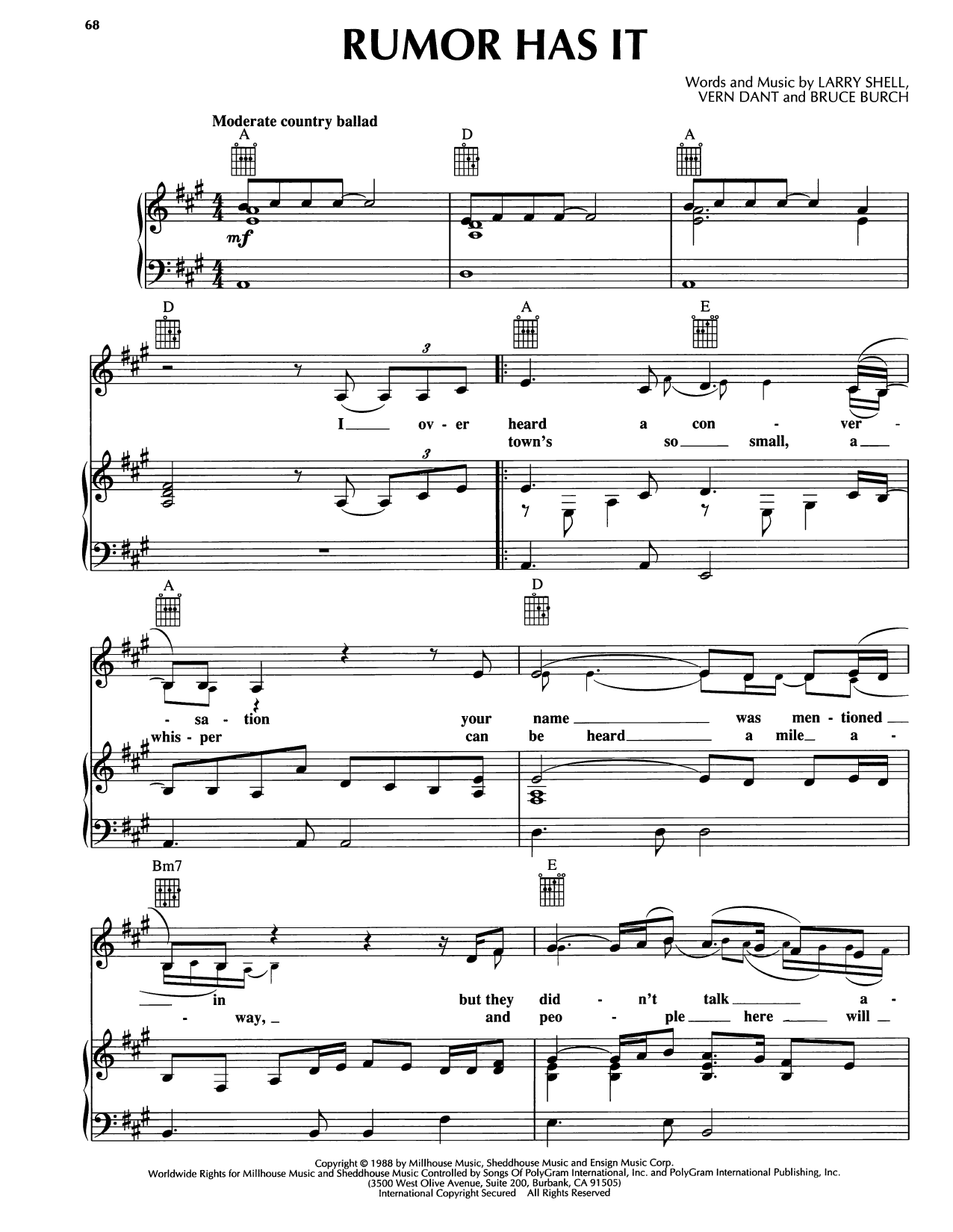 Download Reba McEntire Rumor Has It Sheet Music and learn how to play Piano, Vocal & Guitar Chords (Right-Hand Melody) PDF digital score in minutes