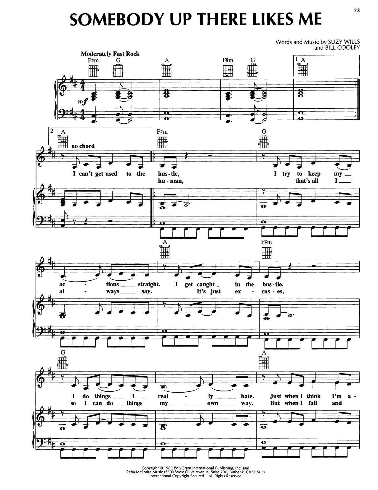 Download Reba McEntire Somebody Up There Likes Me Sheet Music and learn how to play Piano, Vocal & Guitar Chords (Right-Hand Melody) PDF digital score in minutes