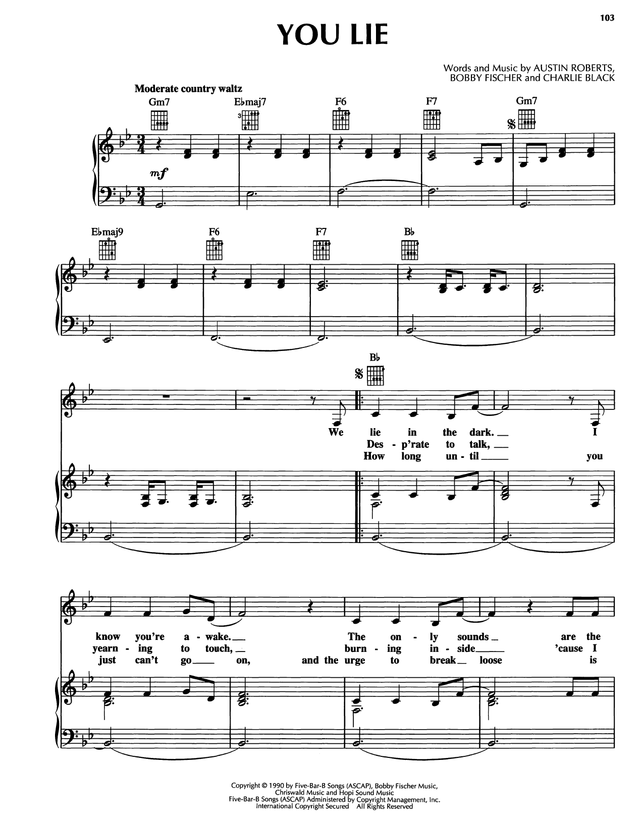 Download Reba McEntire You Lie Sheet Music and learn how to play Piano, Vocal & Guitar Chords (Right-Hand Melody) PDF digital score in minutes