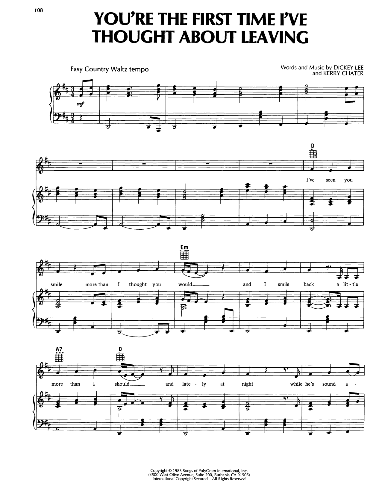 Download Reba McEntire You're The First Time I've Thought About Leaving Sheet Music and learn how to play Piano, Vocal & Guitar Chords (Right-Hand Melody) PDF digital score in minutes