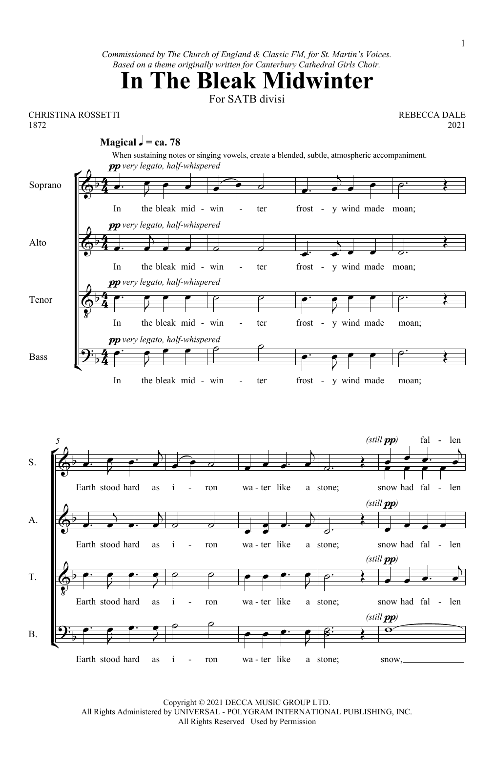 Download Rebecca Dale In The Bleak Midwinter Sheet Music and learn how to play SATB Choir PDF digital score in minutes
