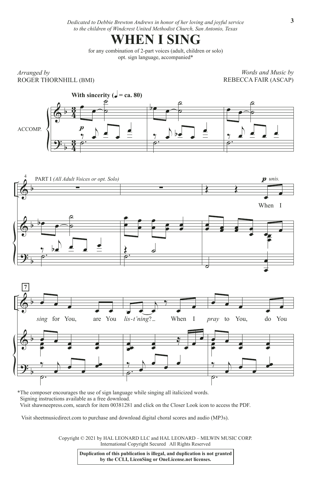 Download Rebecca Fair When I Sing (arr. Roger Thornhill) Sheet Music and learn how to play 2-Part Choir PDF digital score in minutes