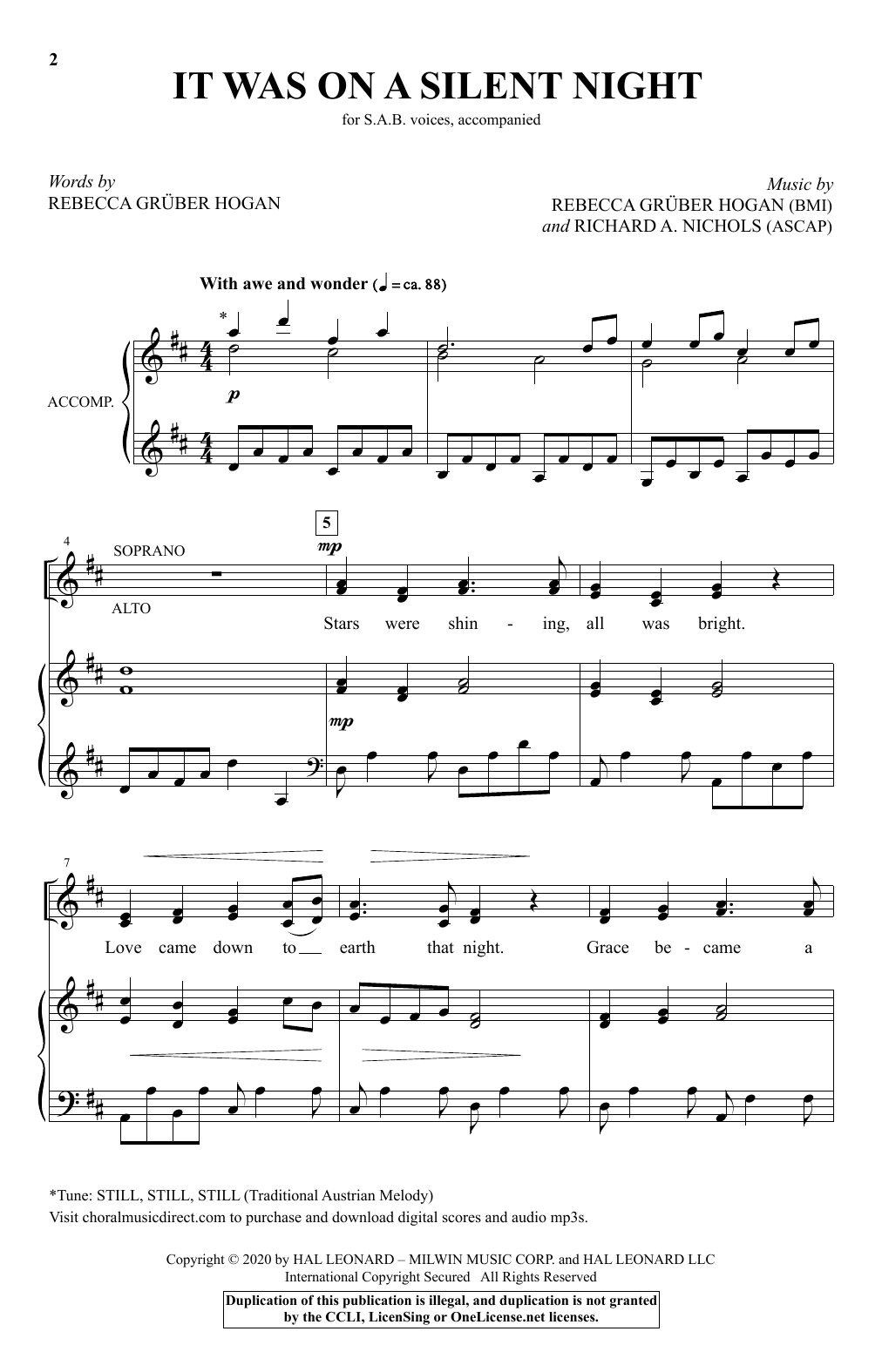 Download Rebecca Gruber Hogan and Richard A. Nichols It Was On A Silent Night Sheet Music and learn how to play SAB Choir PDF digital score in minutes