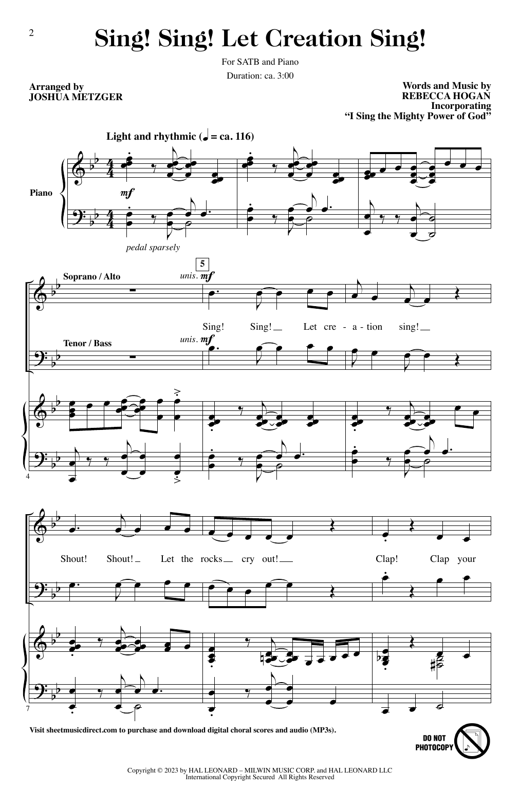 Download Rebecca Hogan Sing! Sing! Let Creation Sing! (arr. Joshua Metzger) Sheet Music and learn how to play SATB Choir PDF digital score in minutes