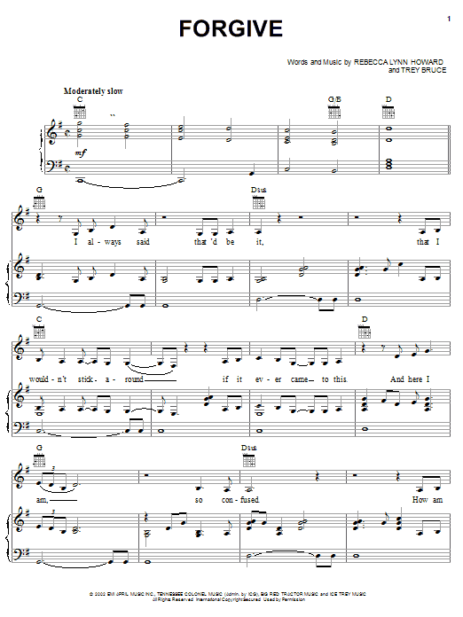 Download Rebecca Lynn Howard Forgive Sheet Music and learn how to play Piano, Vocal & Guitar (Right-Hand Melody) PDF digital score in minutes