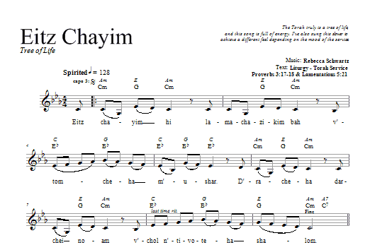Download Rebecca Schwartz Eitz Chayim Sheet Music and learn how to play Melody Line, Lyrics & Chords PDF digital score in minutes