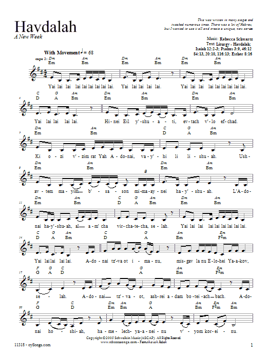 Download Rebecca Schwartz Havdalah Sheet Music and learn how to play Melody Line, Lyrics & Chords PDF digital score in minutes