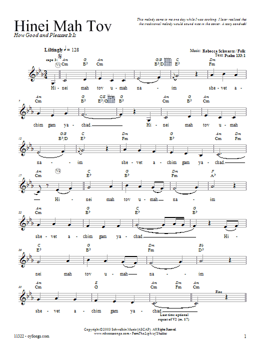 Download Rebecca Schwartz Hinei Mah Tov Sheet Music and learn how to play Melody Line, Lyrics & Chords PDF digital score in minutes