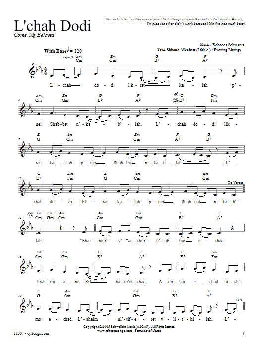 Download Rebecca Schwartz L'chah Dodi Sheet Music and learn how to play Melody Line, Lyrics & Chords PDF digital score in minutes