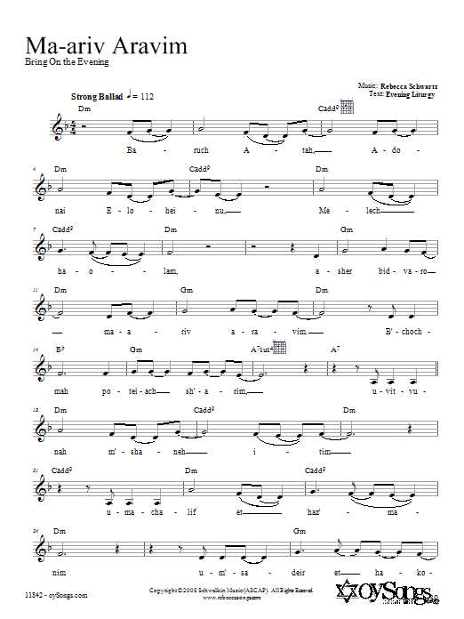 Download Rebecca Schwartz Ma-ariv Aravim Sheet Music and learn how to play Melody Line, Lyrics & Chords PDF digital score in minutes