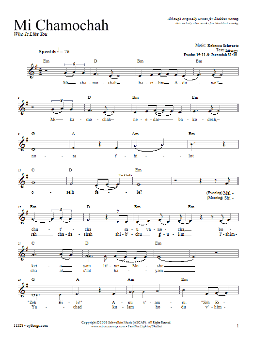 Download Rebecca Schwartz Mi Chamochah Sheet Music and learn how to play Melody Line, Lyrics & Chords PDF digital score in minutes