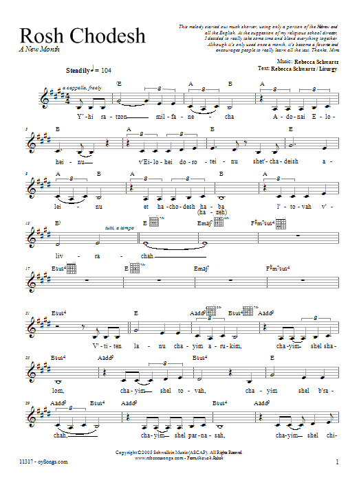 Download Rebecca Schwartz Rosh Chodesh Sheet Music and learn how to play Melody Line, Lyrics & Chords PDF digital score in minutes