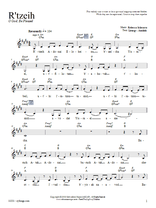 Download Rebecca Schwartz R'tzeih Sheet Music and learn how to play Melody Line, Lyrics & Chords PDF digital score in minutes