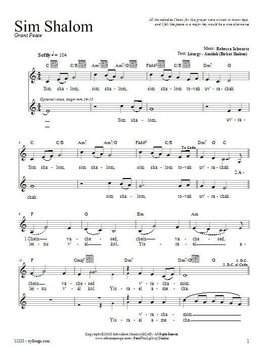 Download Rebecca Schwartz Sim Shalom Sheet Music and learn how to play Melody Line, Lyrics & Chords PDF digital score in minutes