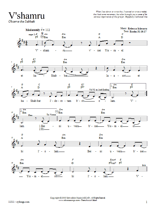 Download Rebecca Schwartz V'sham'ru Sheet Music and learn how to play Melody Line, Lyrics & Chords PDF digital score in minutes