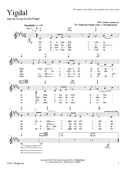 Download Rebecca Schwartz Yigdal Sheet Music and learn how to play Melody Line, Lyrics & Chords PDF digital score in minutes