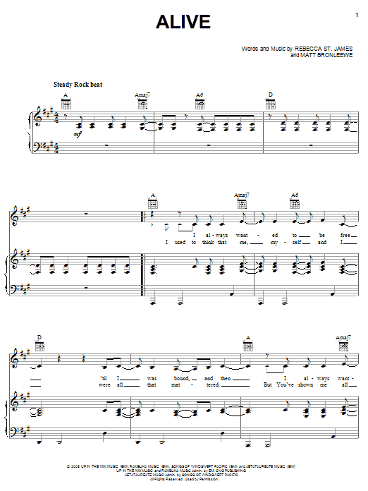 Download Rebecca St. James Alive Sheet Music and learn how to play Piano, Vocal & Guitar (Right-Hand Melody) PDF digital score in minutes