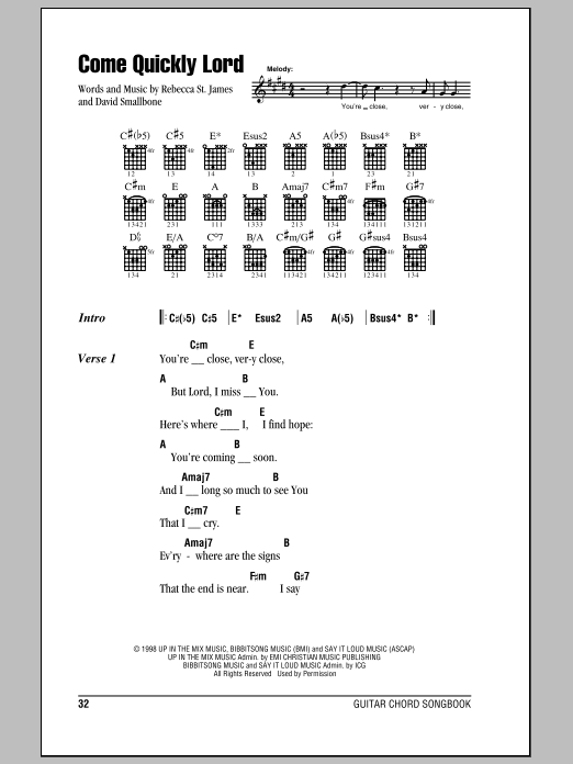 Download Rebecca St. James Come Quickly Lord Sheet Music and learn how to play Lyrics & Chords PDF digital score in minutes