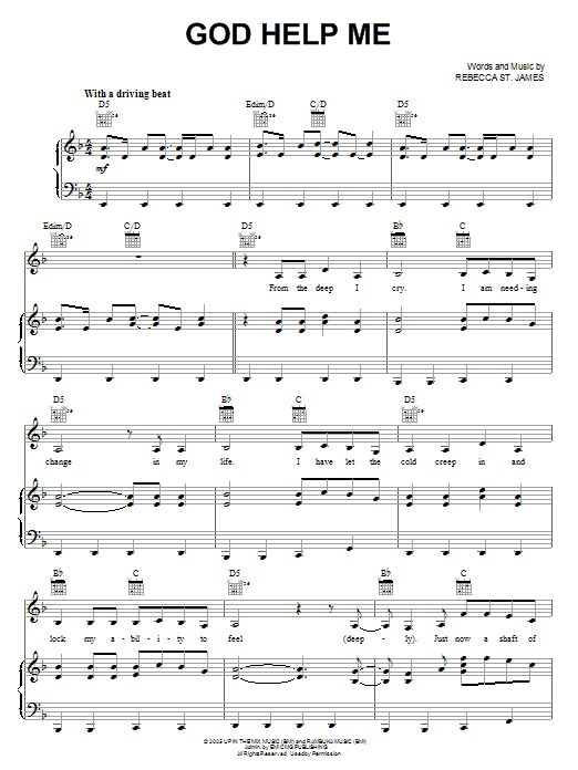 Download Rebecca St. James God Help Me Sheet Music and learn how to play Piano, Vocal & Guitar (Right-Hand Melody) PDF digital score in minutes