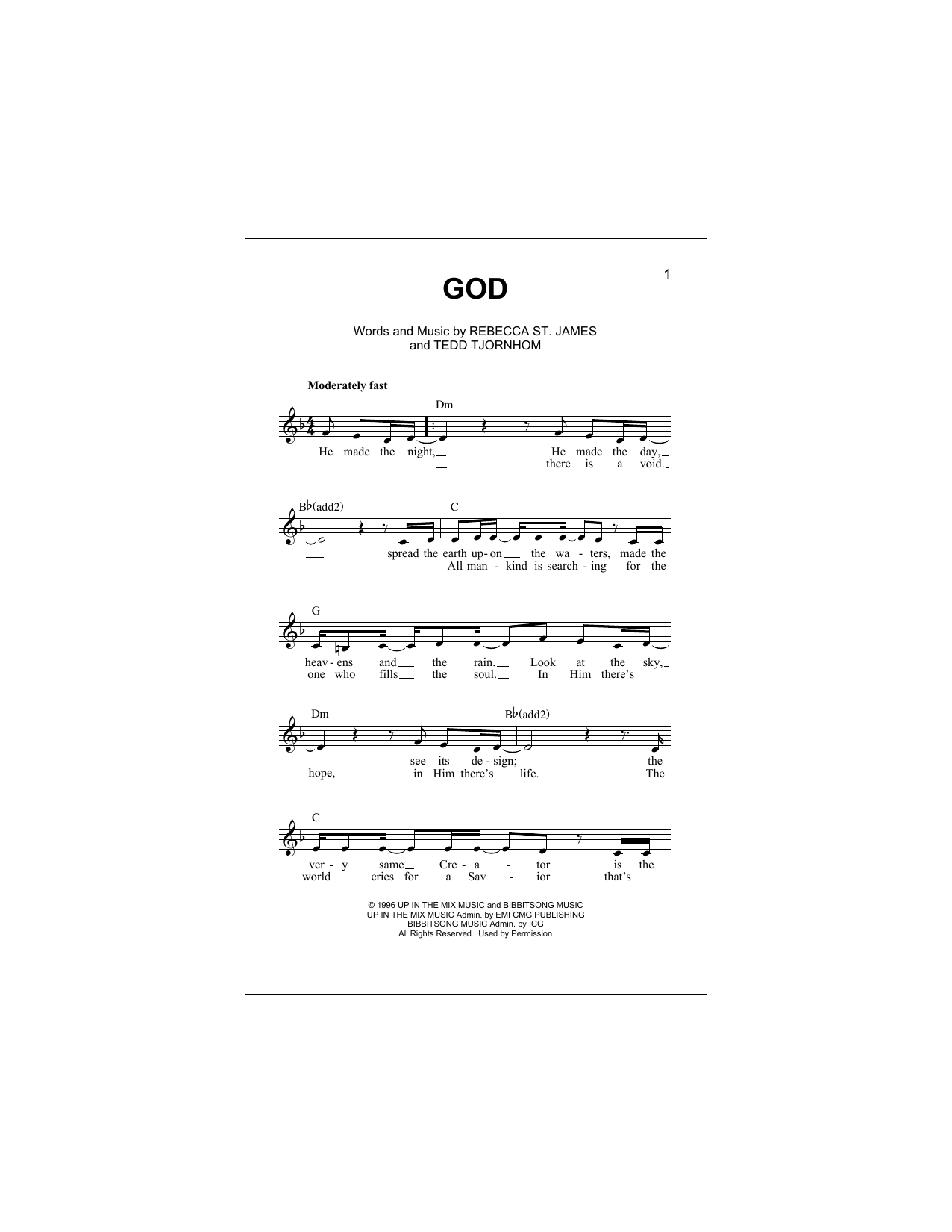 Download Rebecca St. James God Sheet Music and learn how to play Lead Sheet / Fake Book PDF digital score in minutes
