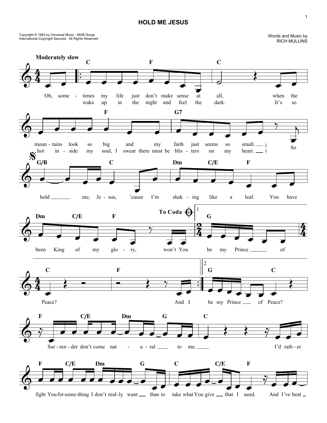 Download Rebecca St. James Hold Me Jesus Sheet Music and learn how to play Melody Line, Lyrics & Chords PDF digital score in minutes