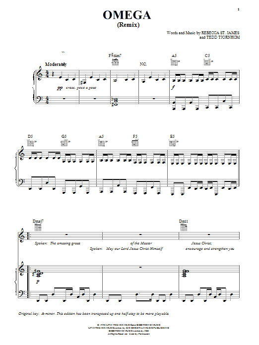 Download Rebecca St. James Omega (Remix) Sheet Music and learn how to play Piano, Vocal & Guitar (Right-Hand Melody) PDF digital score in minutes