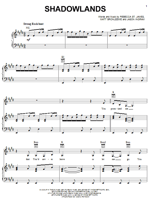 Download Rebecca St. James Shadowlands Sheet Music and learn how to play Piano, Vocal & Guitar (Right-Hand Melody) PDF digital score in minutes
