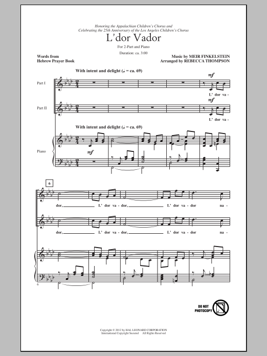 Download Meir Finkelstein L'Dor Vador (arr. Rebecca Thompson) Sheet Music and learn how to play 2-Part Choir PDF digital score in minutes