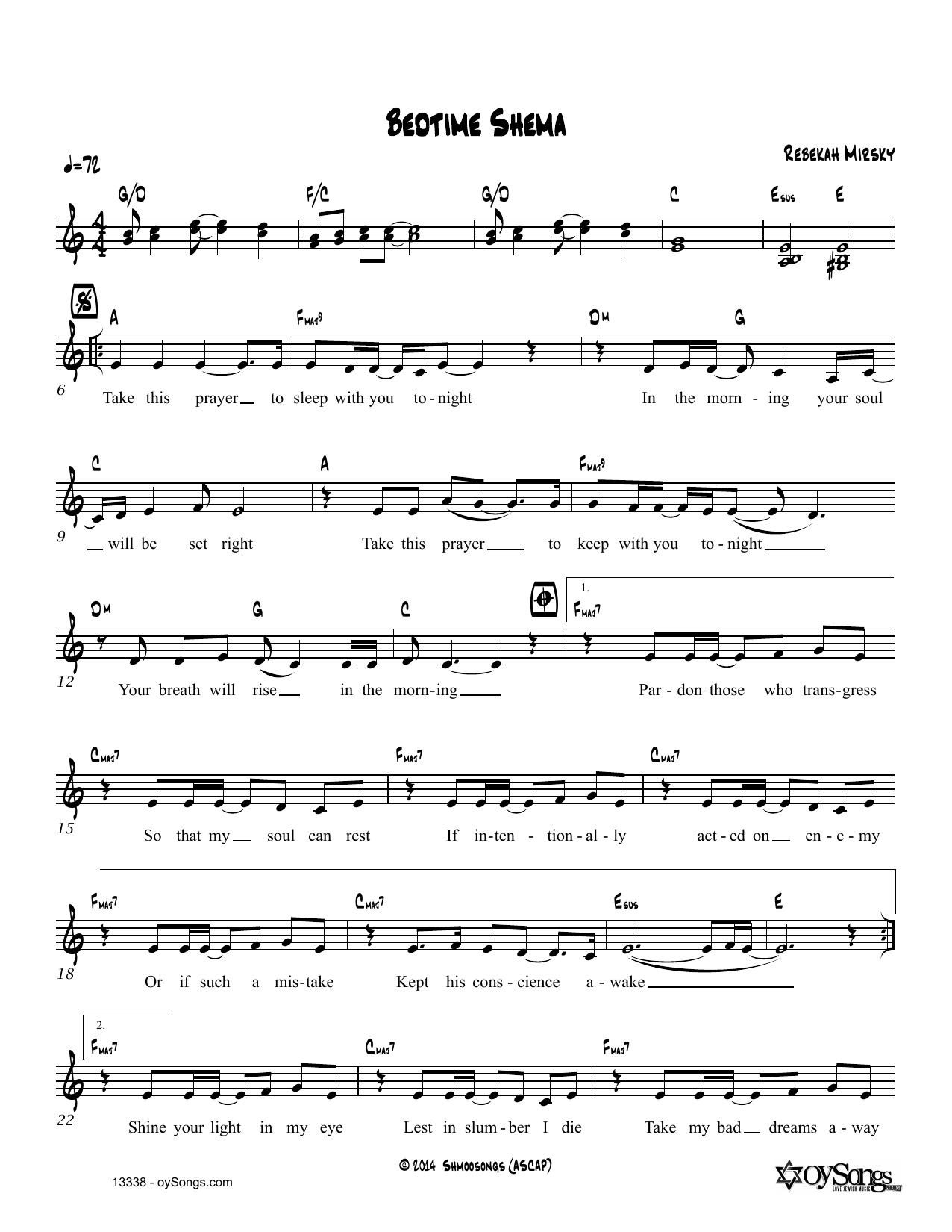 Download Rebecca Mirsky Bedtime Shema Sheet Music and learn how to play Real Book – Melody, Lyrics & Chords PDF digital score in minutes