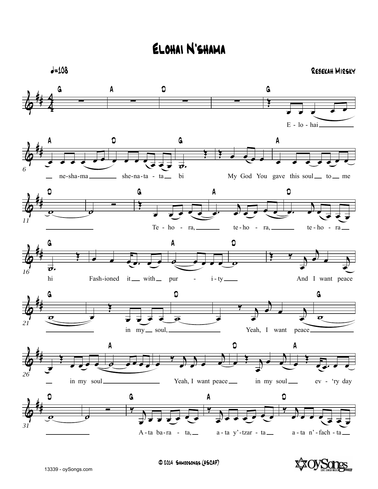 Download Rebecca Mirsky Elohai N'shama Sheet Music and learn how to play Real Book – Melody, Lyrics & Chords PDF digital score in minutes