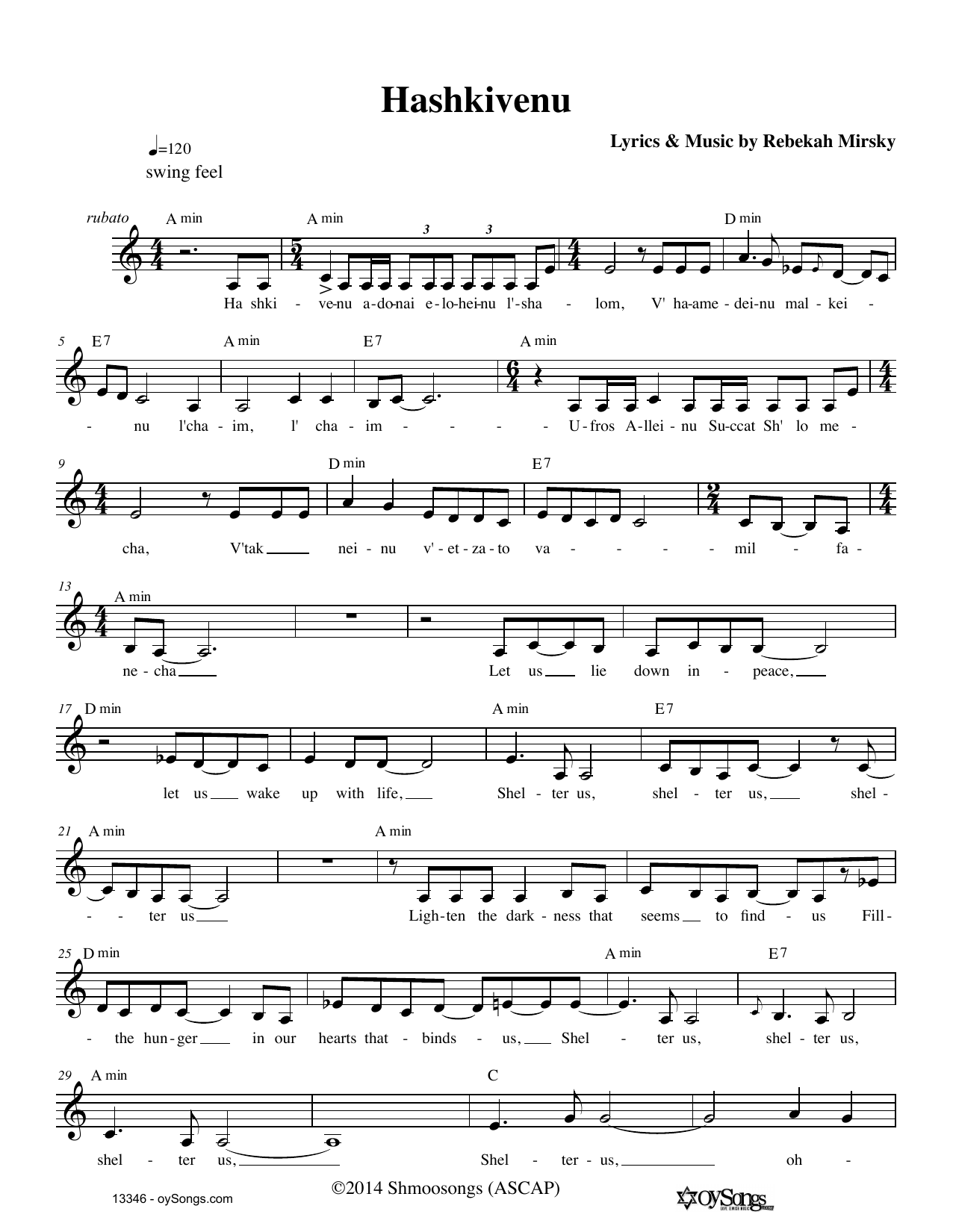Download Rebecca Mirsky Hashkivenu Sheet Music and learn how to play Real Book – Melody, Lyrics & Chords PDF digital score in minutes