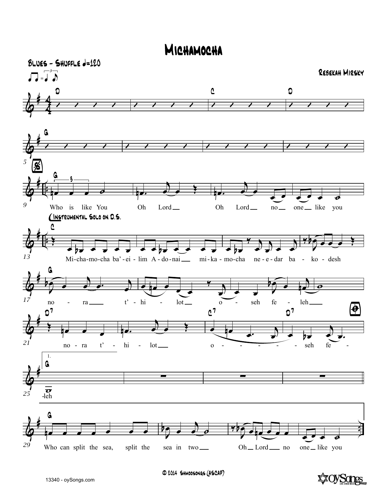 Download Rebecca Mirsky Mi Chamocha Sheet Music and learn how to play Real Book – Melody, Lyrics & Chords PDF digital score in minutes
