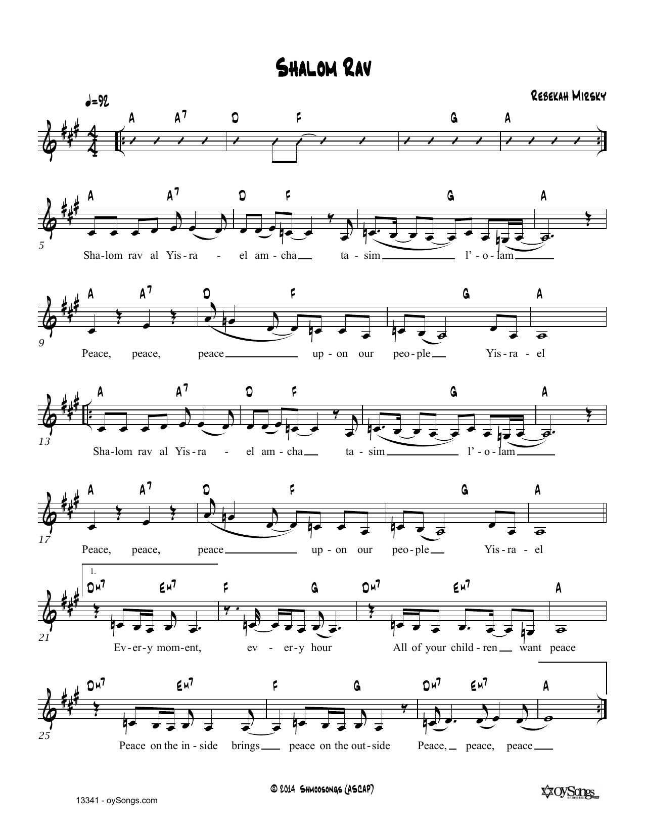 Download Rebecca Mirsky Shalom Rav Sheet Music and learn how to play Real Book – Melody, Lyrics & Chords PDF digital score in minutes