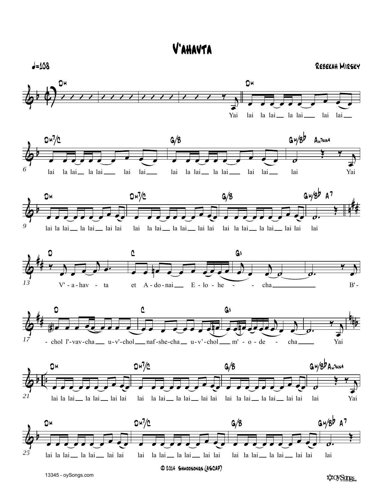 Download Rebecca Mirsky V'ahavta Sheet Music and learn how to play Real Book – Melody, Lyrics & Chords PDF digital score in minutes