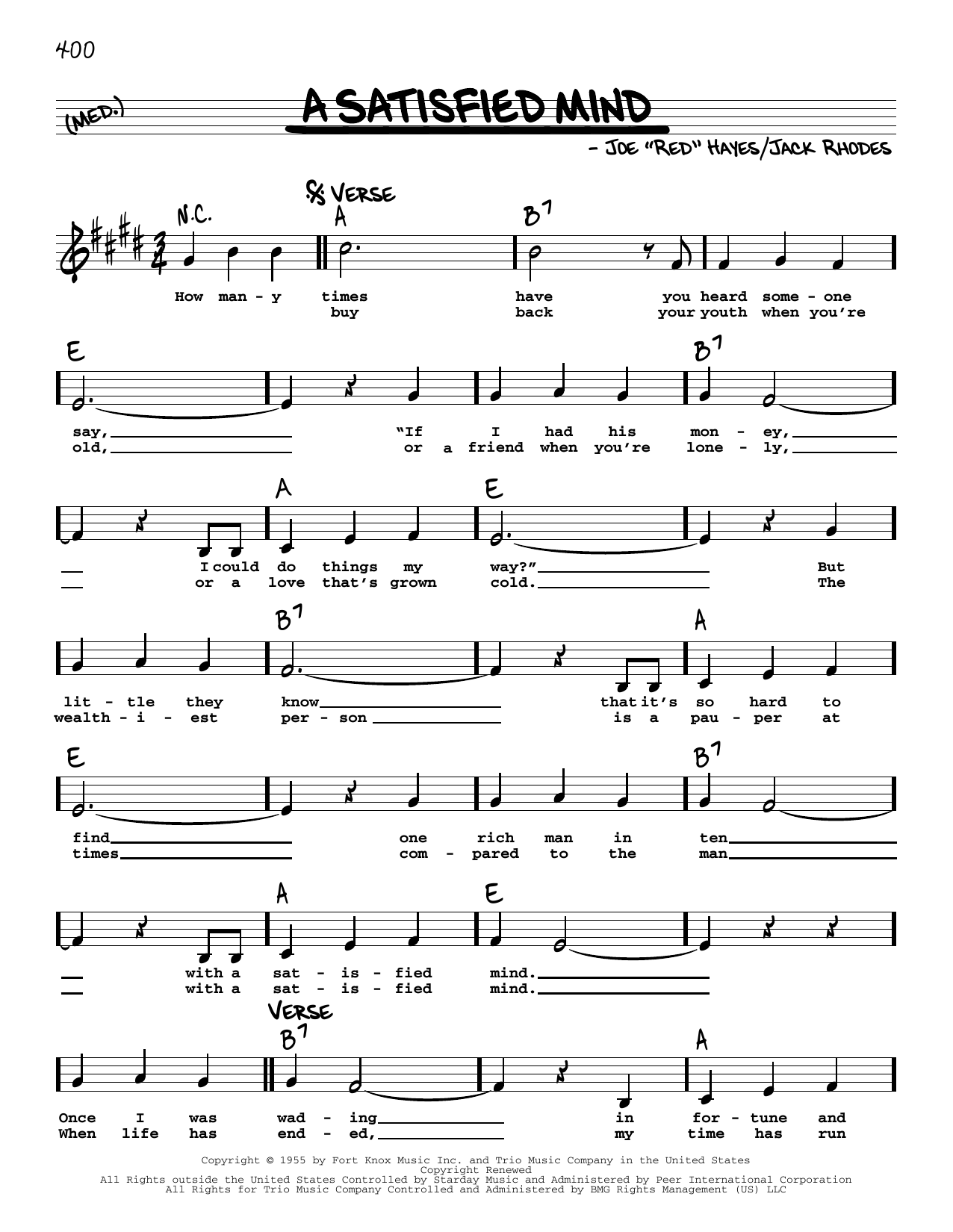 Download Red Foley & Betty Foley A Satisfied Mind Sheet Music and learn how to play Real Book – Melody, Lyrics & Chords PDF digital score in minutes