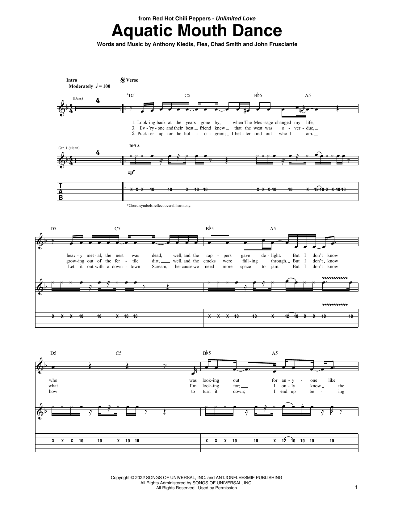 Download Red Hot Chili Peppers Aquatic Mouth Dance Sheet Music and learn how to play Bass Guitar Tab PDF digital score in minutes