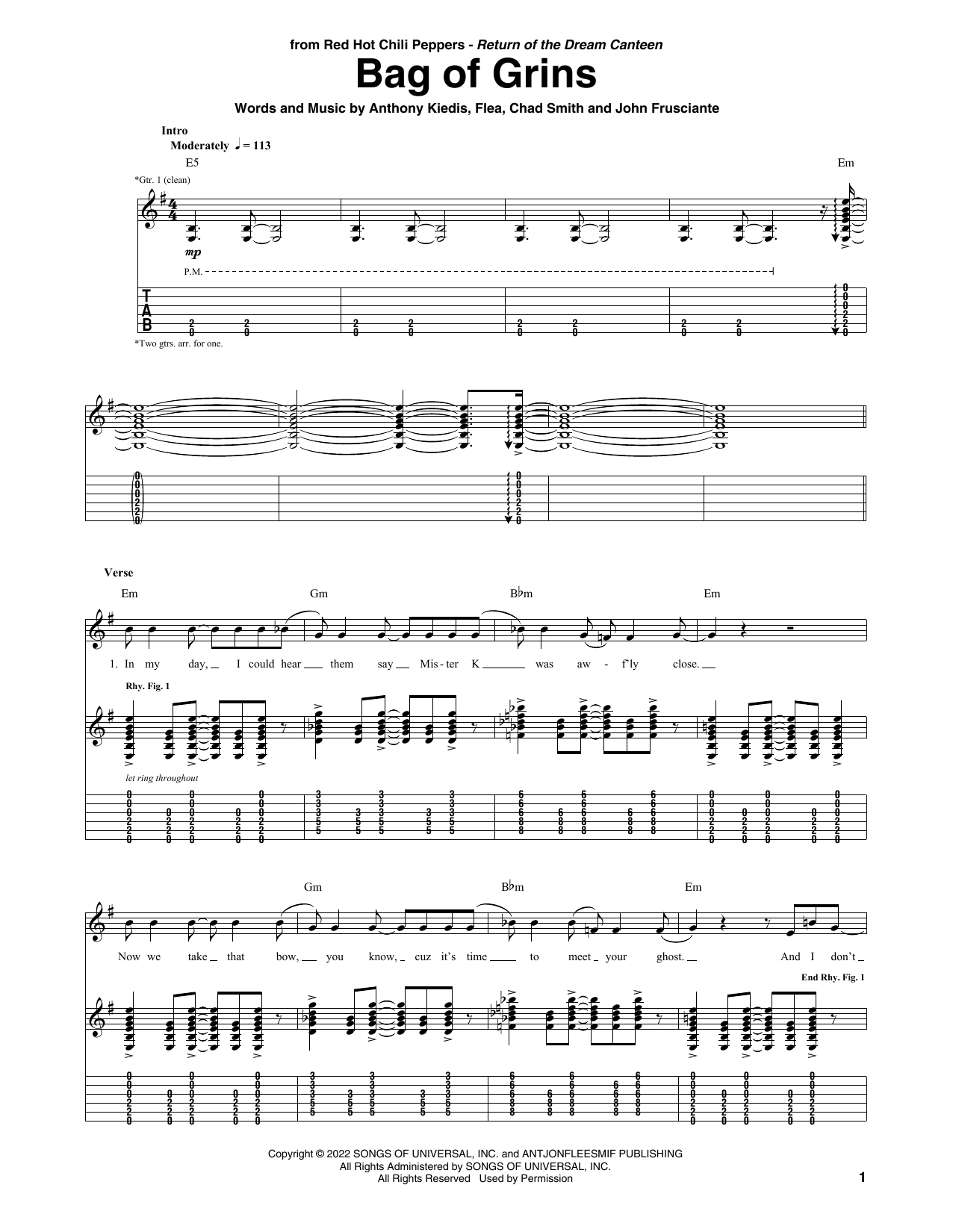 Download Red Hot Chili Peppers Bag Of Grins Sheet Music and learn how to play Guitar Tab PDF digital score in minutes