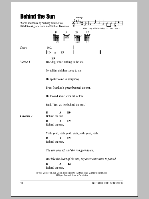 Download Red Hot Chili Peppers Behind The Sun Sheet Music and learn how to play Lyrics & Chords PDF digital score in minutes