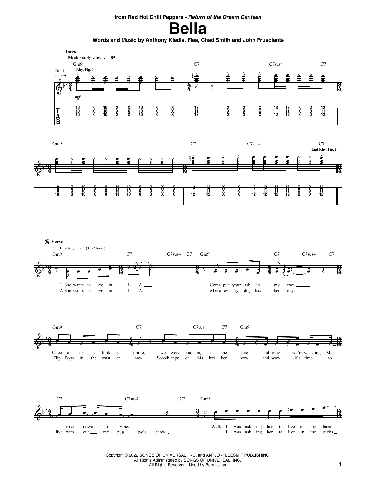 Download Red Hot Chili Peppers Bella Sheet Music and learn how to play Guitar Tab PDF digital score in minutes