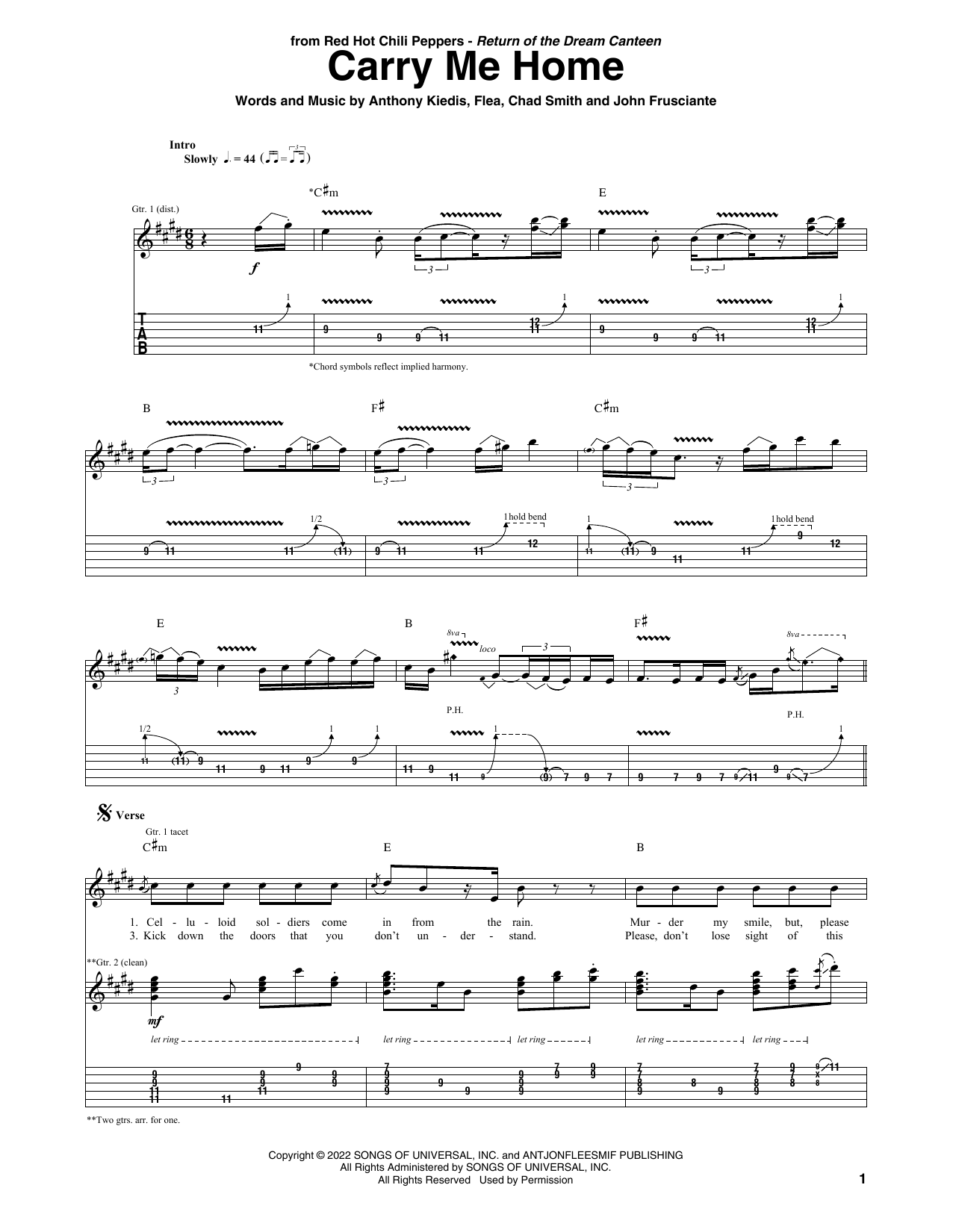 Download Red Hot Chili Peppers Carry Me Home Sheet Music and learn how to play Guitar Tab PDF digital score in minutes