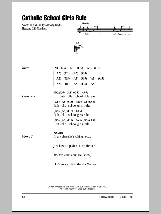 Download Red Hot Chili Peppers Catholic School Girls Rule Sheet Music and learn how to play Lyrics & Chords PDF digital score in minutes