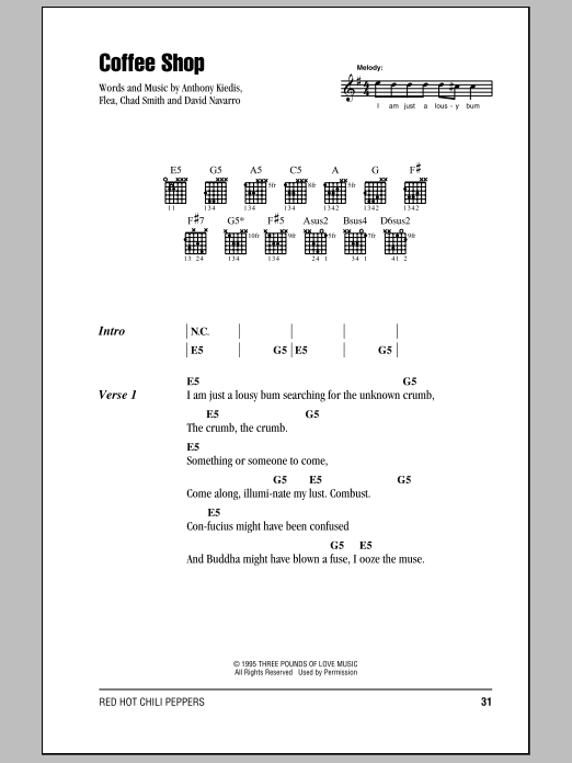 Download Red Hot Chili Peppers Coffee Shop Sheet Music and learn how to play Bass Guitar Tab PDF digital score in minutes