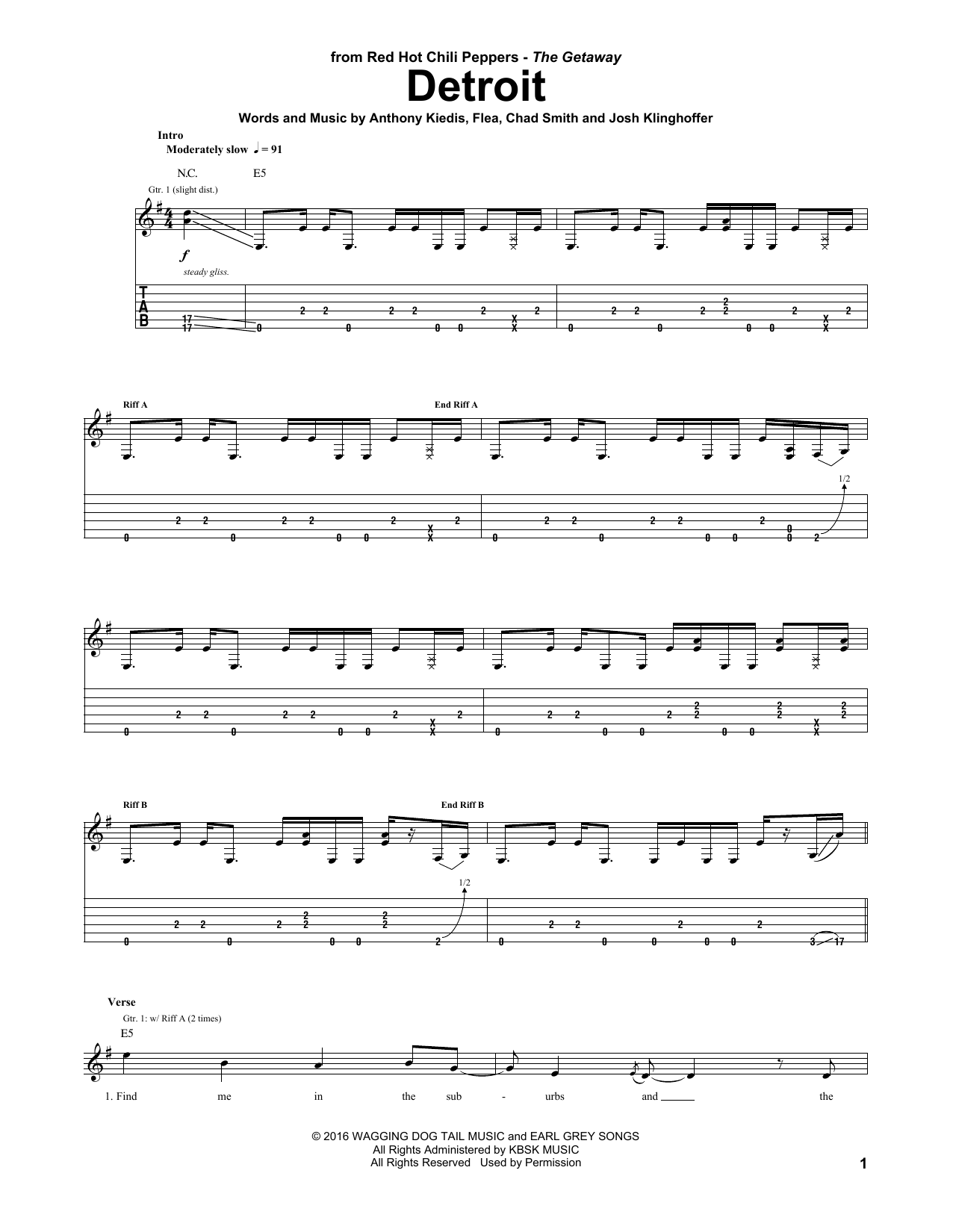Download Red Hot Chili Peppers Detroit Sheet Music and learn how to play Guitar Tab PDF digital score in minutes