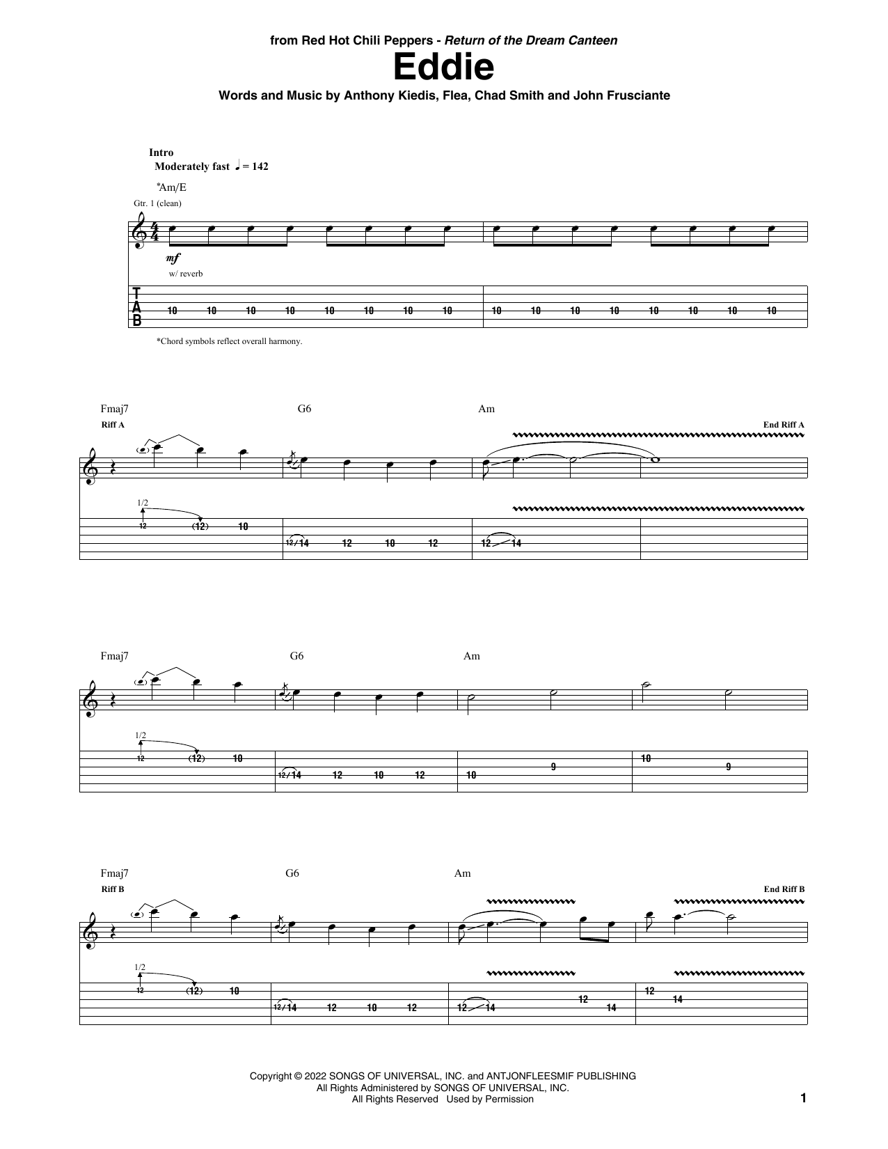 Download Red Hot Chili Peppers Eddie Sheet Music and learn how to play Guitar Tab PDF digital score in minutes