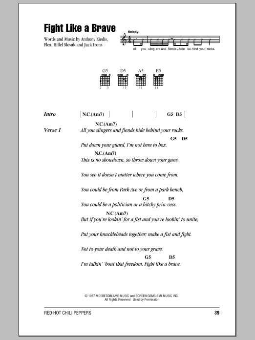 Download Red Hot Chili Peppers Fight Like A Brave Sheet Music and learn how to play Lyrics & Chords PDF digital score in minutes