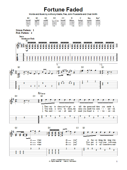 Download Red Hot Chili Peppers Fortune Faded Sheet Music and learn how to play Easy Guitar Tab PDF digital score in minutes