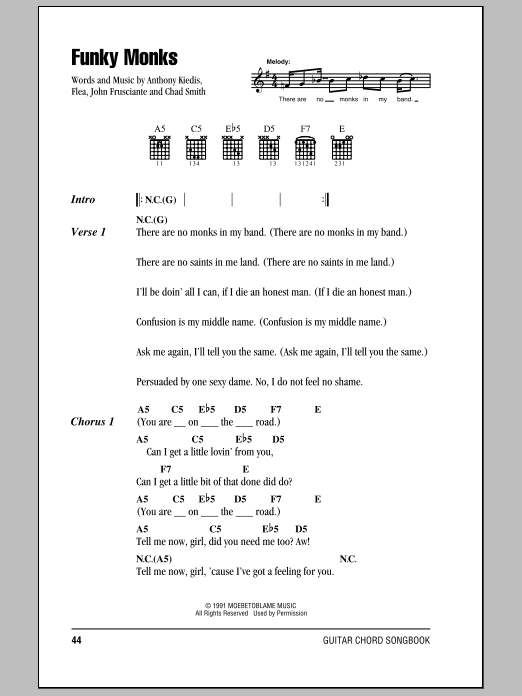 Download Red Hot Chili Peppers Funky Monks Sheet Music and learn how to play Guitar Tab PDF digital score in minutes