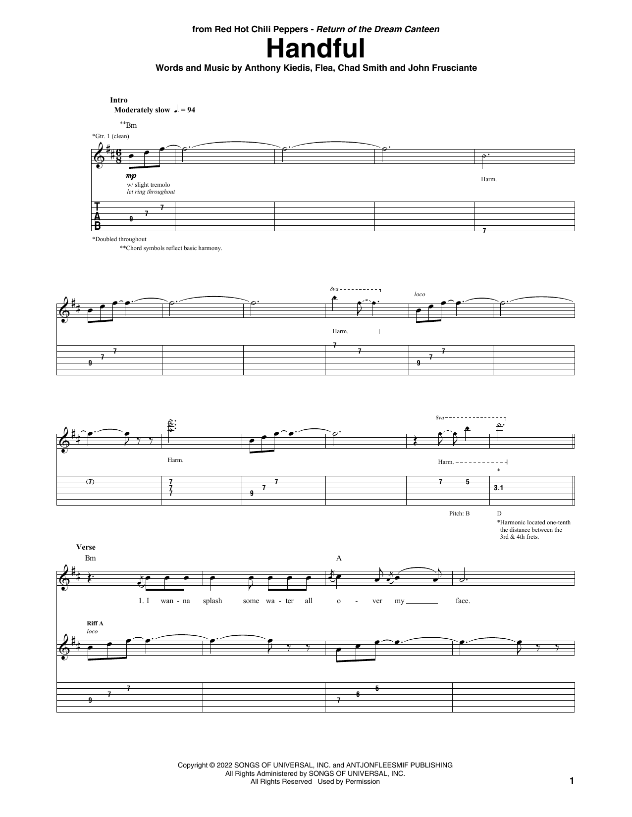 Download Red Hot Chili Peppers Handful Sheet Music and learn how to play Guitar Tab PDF digital score in minutes