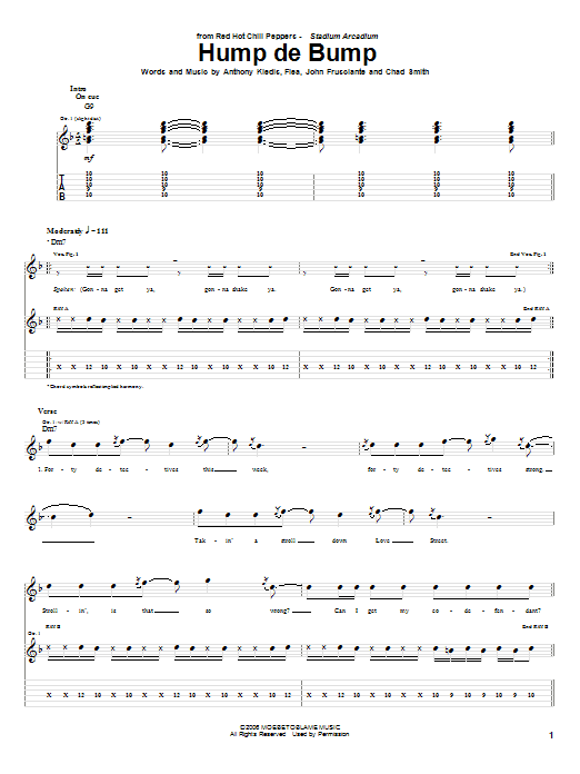 Download Red Hot Chili Peppers Hump De Bump Sheet Music and learn how to play Bass Guitar Tab PDF digital score in minutes
