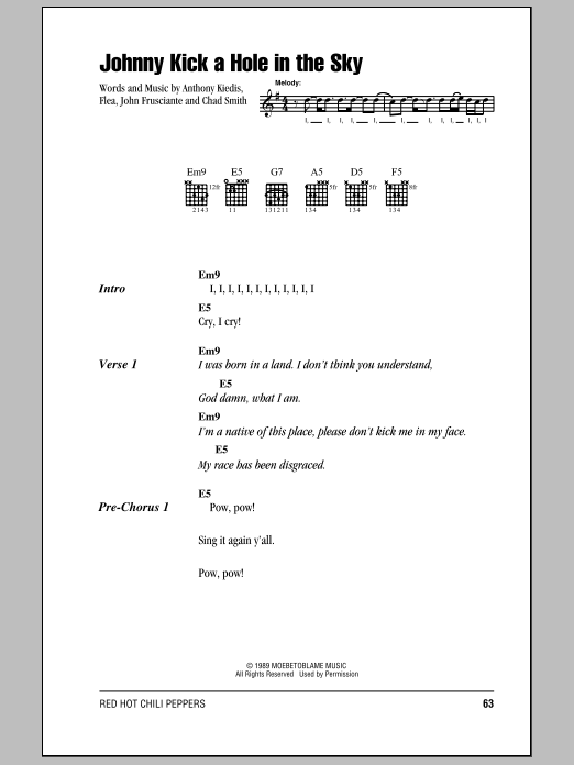 Download Red Hot Chili Peppers Johnny Kick A Hole In The Sky Sheet Music and learn how to play Lyrics & Chords PDF digital score in minutes
